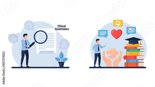 Ethical Governance and Education Concept: Magnifying Document and Stacked Books