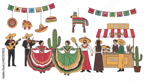 Mexican Fiesta Scene: Mariachi Band, Dancers, Taco Stand, Pinata, and Cacti