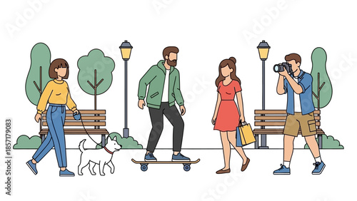 People enjoying a park: dog walking, skateboarding, shopping, photography