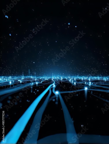 Abstract view of glowing blue lines and dots on a dark background