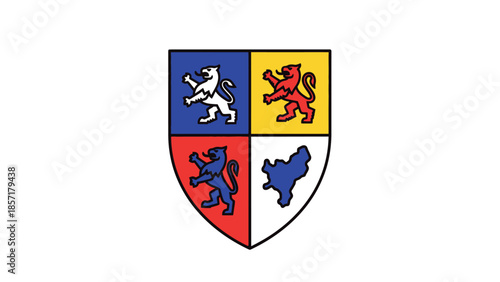 Heraldic Shield Crest with Lions and Abstract Shape on White Background