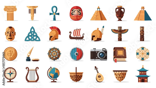 Collection of Historical and Cultural Icons: Ancient Civilizations, Travel, and Art
