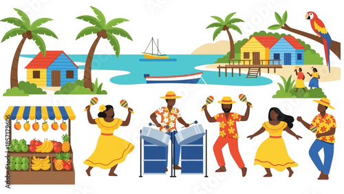 Caribbean Tropical Island Scene with People Dancing, Music, Fruit Stand & Palm Trees