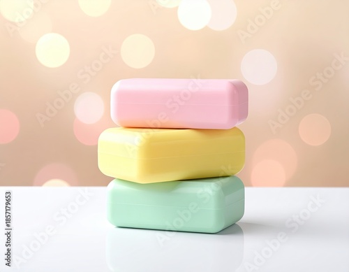 Stacked, colorful soap bars sit against a bokeh backdrop
