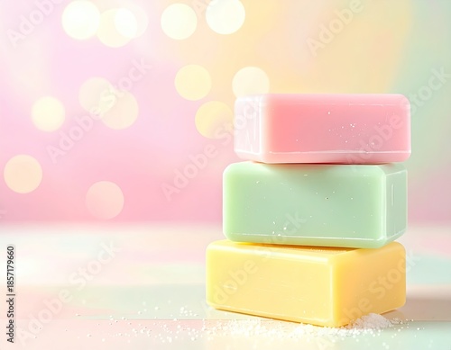 Three stacked soaps, pink, green, and yellow, on a pastel background