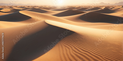 Golden sand dunes forming smooth patterns in a vast desert landscape