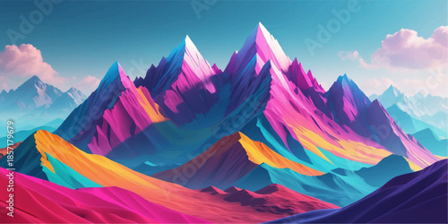 Digital mountain landscape illustration with stylized peaks and soft gradient lighting