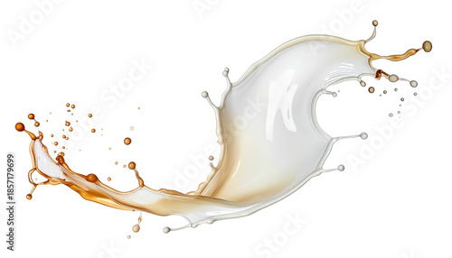 Dynamic splash shows liquid merging, a creamy white and brown mixture