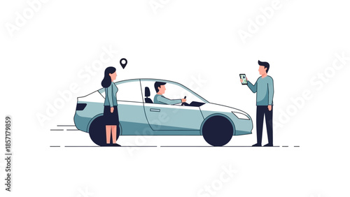 Ride sharing service with people and car, navigation app, modern transport concept