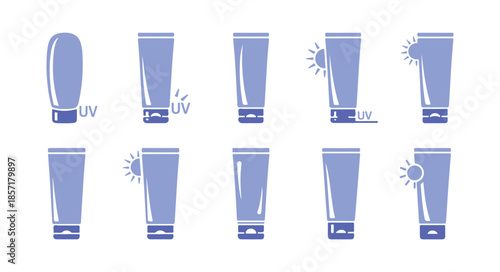 Vibrant sunscreen cream tube icon set against a white backdrop. Shields your skin from harmful UV rays. A collection of colorful icons. Vector