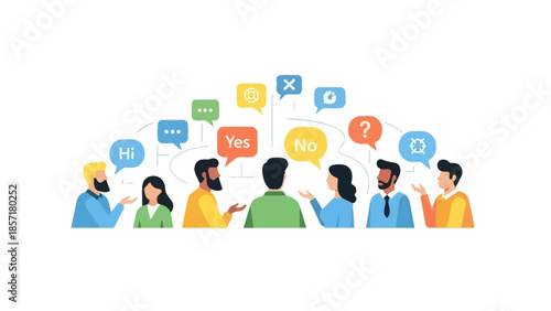 Diverse group of people communicating with speech bubbles, diverse discussion concept