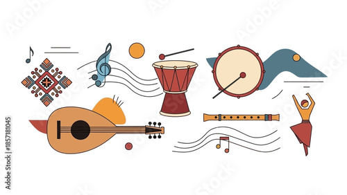 Diverse Musical Instruments, Dance, and Cultural Motifs - A Celebration of Art