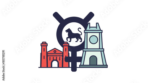 Mercury Symbol with Lion Silhouette and Architectural Buildings
