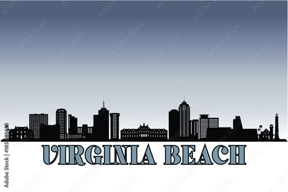 Obraz premium Global city Virginia Beach shown in a detailed vector skyline with grey rainy sky
