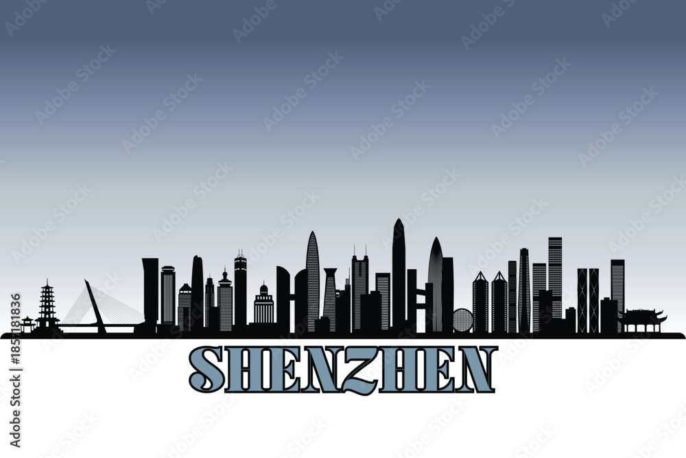 Fototapeta premium Global city Shenzhen shown in a detailed vector skyline with grey rainy sky