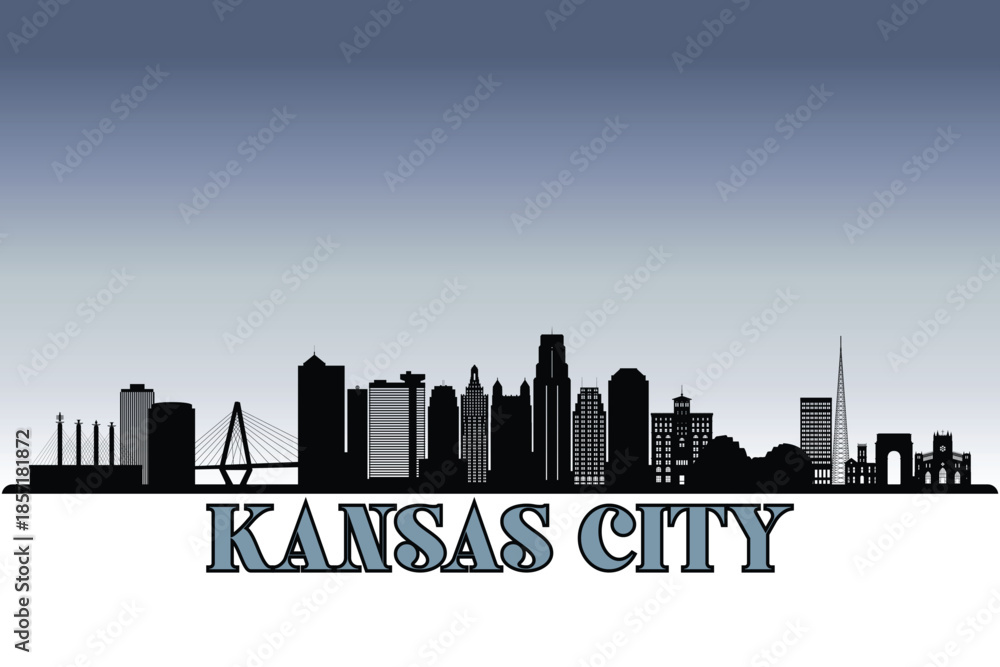 Fototapeta premium Global city Kansas City shown in a detailed vector skyline with grey rainy sky