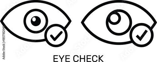 Minimal black and white line icon of a human eye with a check mark symbolizing eye checkup, good vision, and visual health. Simple outline design for medical, optometry, and UI use.