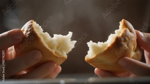 Wallpaper Mural Close-up of hands breaking apart a warm, freshly baked bread roll, steam rising from the soft interior. Torontodigital.ca