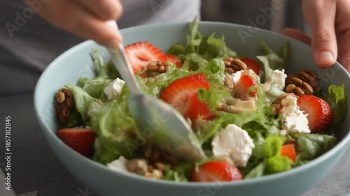 Wallpaper Mural Close-up of hands mixing a fresh green salad with strawberries, feta cheese, and nuts in a blue bowl, promoting healthy eating and a balanced lifestyle. Torontodigital.ca