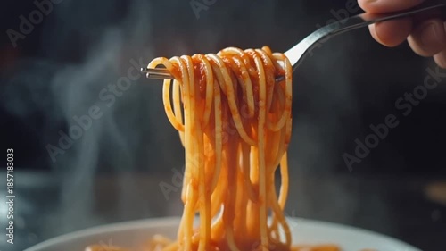 Wallpaper Mural Close-up of steaming spaghetti with tomato sauce being lifted by a fork, ready to eat. Torontodigital.ca
