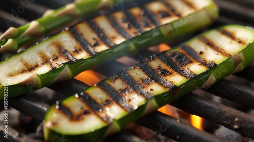 Wallpaper Mural Close-up of zucchini and asparagus grilling on a barbecue with visible grill marks and flames below, showcasing healthy outdoor cooking. Torontodigital.ca