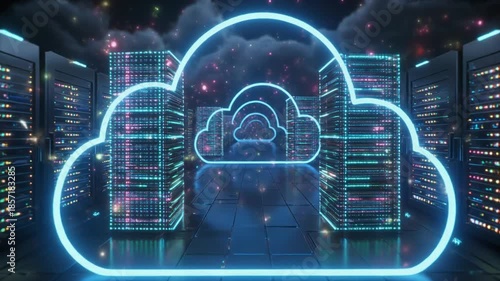 Wallpaper Mural Cloud Computing Data Center with Neon Cloud Icon and Server Racks. Torontodigital.ca