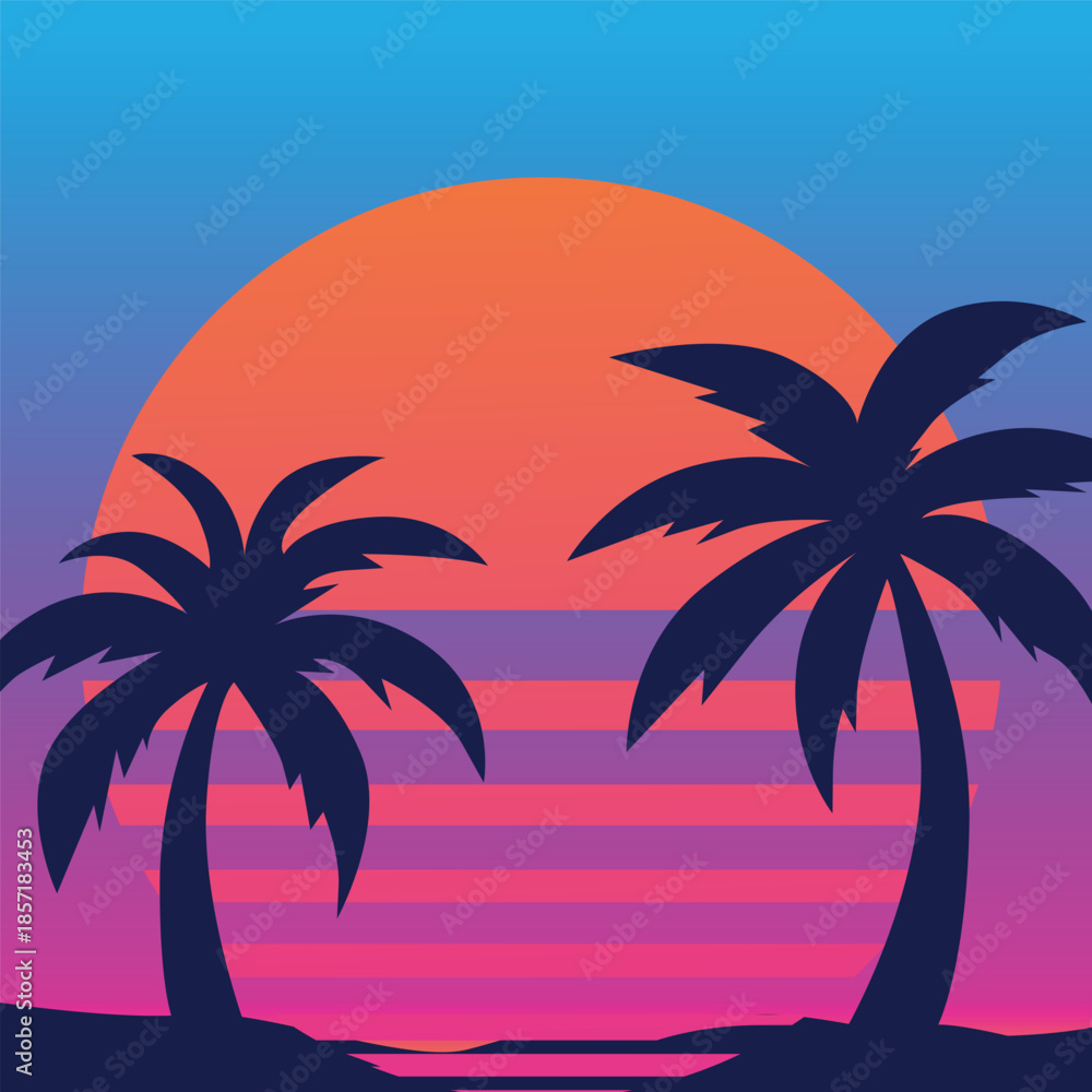 Obraz premium Vibrant Retro Sunset Palm Tree Background