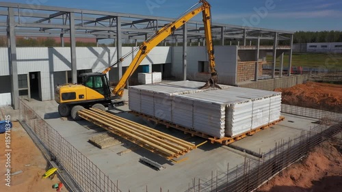 Wallpaper Mural Construction site with excavator lifting large concrete slabs for new building. Torontodigital.ca