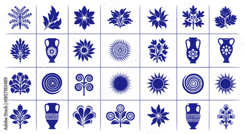 Collection of blue Mediterranean and Greek style ornaments featuring floral motifs, sun symbols, and antique vases. Transparent background SVG version.