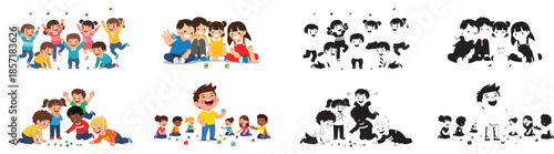 Kids playing pillow fight and snow fun activities