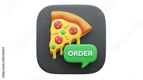 3D Pizza slice icon with order chat bubble on transparent background