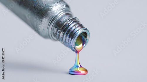 iridescent liquid paint macro, colorful gel tube closeup, metallic rainbow fluid texture
