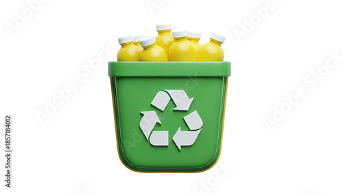 3D Recycle bin full of yellow plastic bottles on transparent background