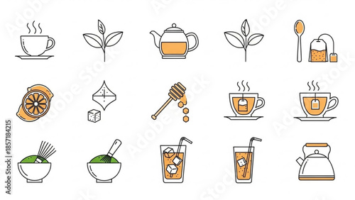 A collection of tea and coffee icons with various ingredients and utensils for hot and cold beverages
