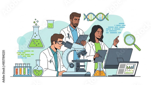 Scientists in lab coats working with microscope computer and test tubes