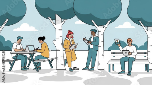 People working remotely in a park on laptops and tablets outdoors