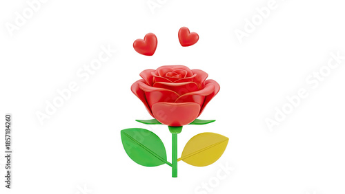 3D Red Rose with Hearts on transparent background