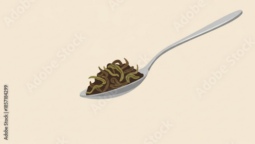 Spoonful of worms on a silver spoon with brown soil and green worm details on a beige background