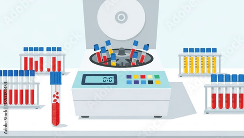 Blood test tubes in laboratory equipment with centrifuge and rack, medical research concept