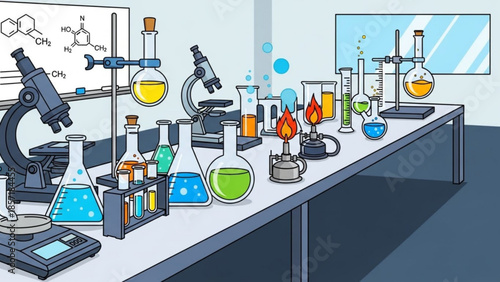 A laboratory table with various scientific equipment and colorful liquids in beakers and flasks on a white