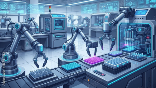 Robotic arms working on circuit boards in a futuristic laboratory setting with high tech equipment