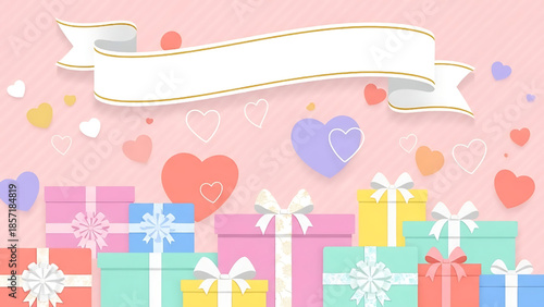 Festive Ribbon Banner Over Colorful Gift Boxes With Heart Decorations - A Celebration of Gifts and Love