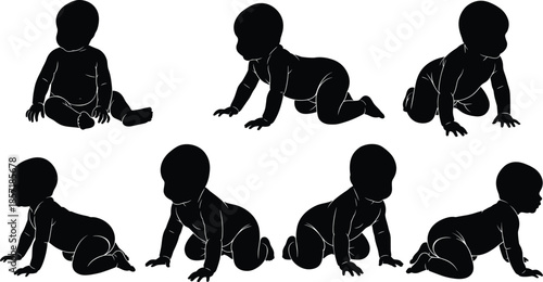 Set of baby silhouettes crawling and sitting, infant development stages, toddler playing poses, small child movement icons, early childhood growth, and maternity vector,