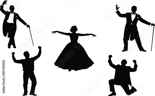 Set of formal performer silhouettes featuring gentlemen in tuxedos with canes, elegant ballroom dancer in gown, and excited men celebrating, theatre performance icons,