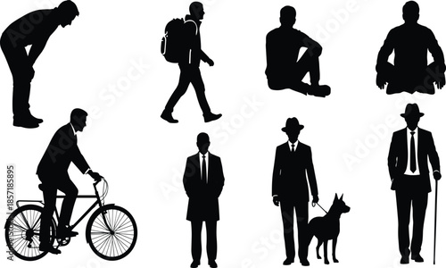 Set of men silhouettes for urban lifestyle, businessman walking, cyclist riding, hiker traveling, man sitting, gentleman with dog, elderly person walking, and casual people,