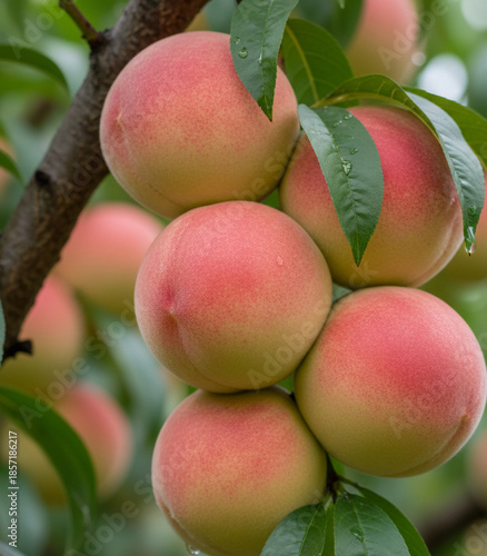 Fresh Ripe Pink Peaches On Branch