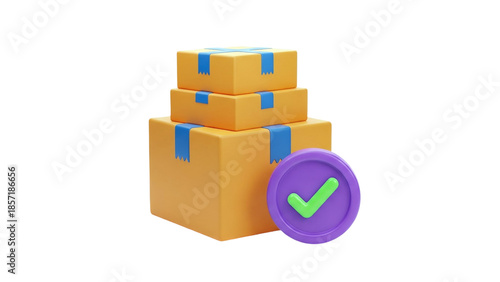 3D Stacked delivery boxes with a checkmark icon on transparent background