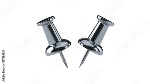 3D Two chrome push pins on transparent background