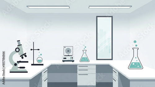 Science laboratory with microscope, beaker, and equipment on white countertops in a modern facility