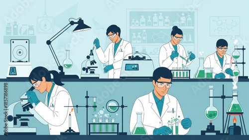Scientists in lab coats working with microscopes and various laboratory equipment